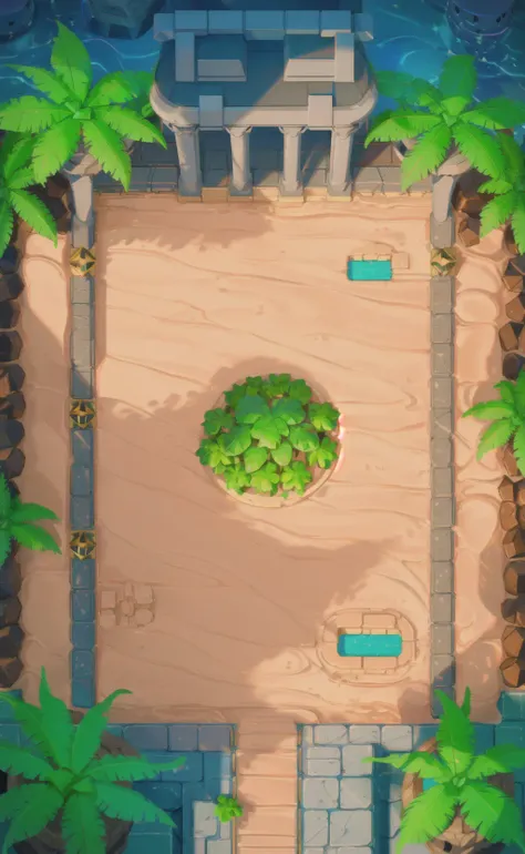 game map,( game concept art design:1.1), isometric art, (cartoon hand drawn style:1.2), simple geometry,(colorful:0.6),detail,flat game art,3d,low mesh, overlooking,viewed from above,plat,(bush,:1.2),(night:1.3),(interiors:1.3),surrounding walls, stone pillars, flat land in the middle,( tropical rainforest:1.3), water,coconut trees, shrubs, grass,game engine rendering, super high quality rendering, crisp lines, geometry,masterpiece,best quality,official art,C4D,extremely detailed CGunity 8K wallpaper, highly detailed, illustration,unreal engine,artstation,unreal 5, daz, hyperrealistic, octane render, high-quality shadows, <lora:Dua_OverlookMapV2:1>