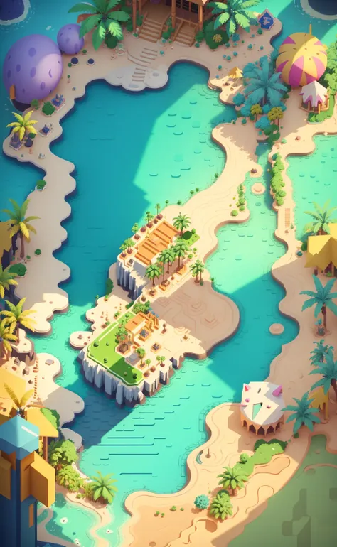 game map,( game concept art design:1.1), isometric art, (cartoon hand drawn style:1.2), simple geometry,(colorful:0.6),detail,flat game art,3d,low mesh, overlooking,viewed from above,plat,(bush,:1.2),(night:1.3),(interiors:1.3),surrounding walls, stone pillars, flat land in the middle, tropical rainforest, coconut trees, shrubs, grass,game engine rendering, super high quality rendering, crisp lines, geometry,masterpiece,best quality,official art,C4D,extremely detailed CGunity 8K wallpaper, highly detailed, illustration,unreal engine,artstation,unreal 5, daz, hyperrealistic, octane render, high-quality shadows, <lora:Dua_OverlookMapV2:1>