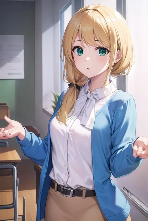 ellenbaker, <lyco:ellenbaker-lyco-nochekaiser:1>,
ellen baker, blonde hair, (green eyes:1.5), long hair, ponytail, scrunchie,
BREAK shirt, white shirt, collared shirt, cardigan, blue cardigan, belt, skirt, brown skirt, pencil skirt,
BREAK indoors, classroom,
BREAK looking at viewer, (cowboy shot:1.5),
BREAK <lyco:GoodHands-beta2:1>, (masterpiece:1.2), best quality, high resolution, unity 8k wallpaper, (illustration:0.8), (beautiful detailed eyes:1.6), extremely detailed face, perfect lighting, extremely detailed CG, (perfect hands, perfect anatomy),