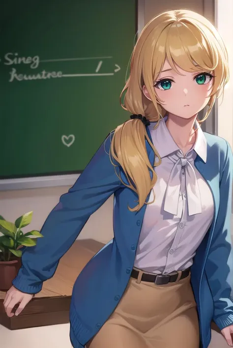 ellenbaker, <lyco:ellenbaker-lyco-nochekaiser:1>,
ellen baker, blonde hair, (green eyes:1.5), long hair, ponytail, scrunchie,
BREAK shirt, white shirt, collared shirt, cardigan, blue cardigan, belt, skirt, brown skirt, pencil skirt,
BREAK indoors, classroom,
BREAK looking at viewer, (cowboy shot:1.5),
BREAK <lyco:GoodHands-beta2:1>, (masterpiece:1.2), best quality, high resolution, unity 8k wallpaper, (illustration:0.8), (beautiful detailed eyes:1.6), extremely detailed face, perfect lighting, extremely detailed CG, (perfect hands, perfect anatomy),