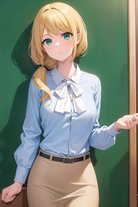 ellenbaker, <lyco:ellenbaker-lyco-nochekaiser:1>,
ellen baker, blonde hair, (green eyes:1.5), long hair, ponytail, scrunchie,
BREAK shirt, white shirt, collared shirt, cardigan, blue cardigan, belt, skirt, brown skirt, pencil skirt,
BREAK indoors, classroom,
BREAK looking at viewer, (cowboy shot:1.5),
BREAK <lyco:GoodHands-beta2:1>, (masterpiece:1.2), best quality, high resolution, unity 8k wallpaper, (illustration:0.8), (beautiful detailed eyes:1.6), extremely detailed face, perfect lighting, extremely detailed CG, (perfect hands, perfect anatomy),