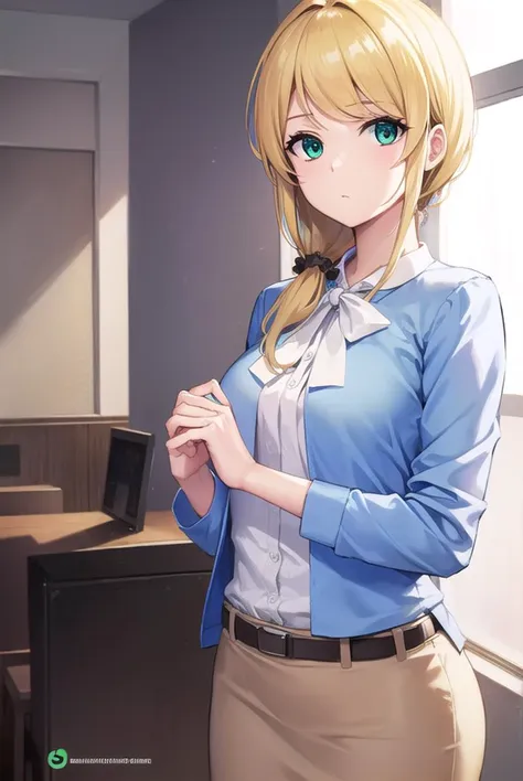 ellenbaker, <lyco:ellenbaker-lyco-nochekaiser:1>,
ellen baker, blonde hair, (green eyes:1.5), long hair, ponytail, scrunchie,
BREAK shirt, white shirt, collared shirt, cardigan, blue cardigan, belt, skirt, brown skirt, pencil skirt,
BREAK indoors, classroom,
BREAK looking at viewer, (cowboy shot:1.5),
BREAK <lyco:GoodHands-beta2:1>, (masterpiece:1.2), best quality, high resolution, unity 8k wallpaper, (illustration:0.8), (beautiful detailed eyes:1.6), extremely detailed face, perfect lighting, extremely detailed CG, (perfect hands, perfect anatomy),