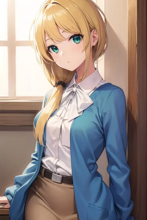 ellenbaker, <lyco:ellenbaker-lyco-nochekaiser:1>,
ellen baker, blonde hair, (green eyes:1.5), long hair, ponytail, scrunchie,
BREAK shirt, white shirt, collared shirt, cardigan, blue cardigan, belt, skirt, brown skirt, pencil skirt,
BREAK indoors, classroom,
BREAK looking at viewer, (cowboy shot:1.5),
BREAK <lyco:GoodHands-beta2:1>, (masterpiece:1.2), best quality, high resolution, unity 8k wallpaper, (illustration:0.8), (beautiful detailed eyes:1.6), extremely detailed face, perfect lighting, extremely detailed CG, (perfect hands, perfect anatomy),