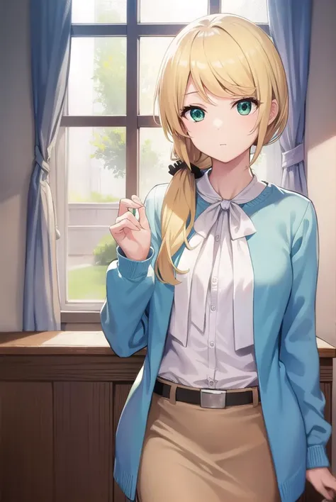 ellenbaker, <lyco:ellenbaker-lyco-nochekaiser:1>,
ellen baker, blonde hair, (green eyes:1.5), long hair, ponytail, scrunchie,
BREAK shirt, white shirt, collared shirt, cardigan, blue cardigan, belt, skirt, brown skirt, pencil skirt,
BREAK indoors, classroom,
BREAK looking at viewer, (cowboy shot:1.5),
BREAK <lyco:GoodHands-beta2:1>, (masterpiece:1.2), best quality, high resolution, unity 8k wallpaper, (illustration:0.8), (beautiful detailed eyes:1.6), extremely detailed face, perfect lighting, extremely detailed CG, (perfect hands, perfect anatomy),