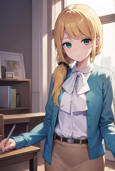 ellenbaker, <lyco:ellenbaker-lyco-nochekaiser:1>,
ellen baker, blonde hair, (green eyes:1.5), long hair, ponytail, scrunchie,
BREAK shirt, white shirt, collared shirt, cardigan, blue cardigan, belt, skirt, brown skirt, pencil skirt,
BREAK indoors, classroom,
BREAK looking at viewer, (cowboy shot:1.5),
BREAK <lyco:GoodHands-beta2:1>, (masterpiece:1.2), best quality, high resolution, unity 8k wallpaper, (illustration:0.8), (beautiful detailed eyes:1.6), extremely detailed face, perfect lighting, extremely detailed CG, (perfect hands, perfect anatomy),