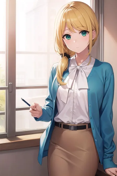 ellenbaker, <lyco:ellenbaker-lyco-nochekaiser:1>,
ellen baker, blonde hair, (green eyes:1.5), long hair, ponytail, scrunchie,
BREAK shirt, white shirt, collared shirt, cardigan, blue cardigan, belt, skirt, brown skirt, pencil skirt,
BREAK indoors, classroom,
BREAK looking at viewer, (cowboy shot:1.5),
BREAK <lyco:GoodHands-beta2:1>, (masterpiece:1.2), best quality, high resolution, unity 8k wallpaper, (illustration:0.8), (beautiful detailed eyes:1.6), extremely detailed face, perfect lighting, extremely detailed CG, (perfect hands, perfect anatomy),