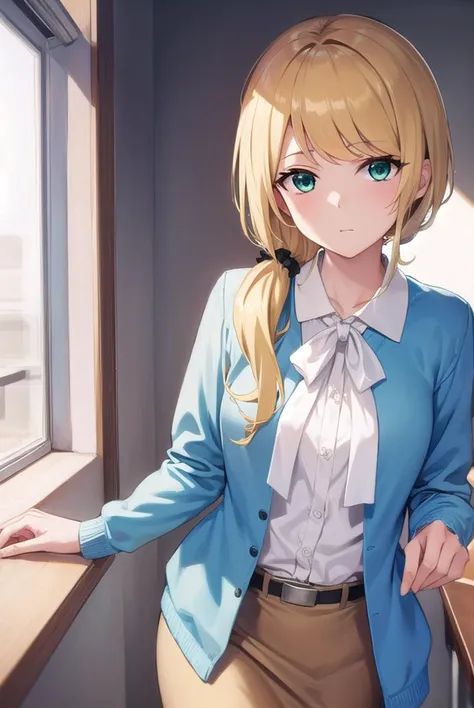 ellenbaker, <lyco:ellenbaker-lyco-nochekaiser:1>,
ellen baker, blonde hair, (green eyes:1.5), long hair, ponytail, scrunchie,
BREAK shirt, white shirt, collared shirt, cardigan, blue cardigan, belt, skirt, brown skirt, pencil skirt,
BREAK indoors, classroom,
BREAK looking at viewer, (cowboy shot:1.5),
BREAK <lyco:GoodHands-beta2:1>, (masterpiece:1.2), best quality, high resolution, unity 8k wallpaper, (illustration:0.8), (beautiful detailed eyes:1.6), extremely detailed face, perfect lighting, extremely detailed CG, (perfect hands, perfect anatomy),