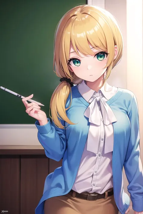 ellenbaker, <lyco:ellenbaker-lyco-nochekaiser:1>,
ellen baker, blonde hair, (green eyes:1.5), long hair, ponytail, scrunchie,
BREAK shirt, white shirt, collared shirt, cardigan, blue cardigan, belt, skirt, brown skirt, pencil skirt,
BREAK indoors, classroom,
BREAK looking at viewer, (cowboy shot:1.5),
BREAK <lyco:GoodHands-beta2:1>, (masterpiece:1.2), best quality, high resolution, unity 8k wallpaper, (illustration:0.8), (beautiful detailed eyes:1.6), extremely detailed face, perfect lighting, extremely detailed CG, (perfect hands, perfect anatomy),