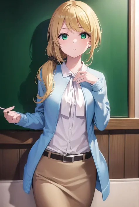 ellenbaker, <lyco:ellenbaker-lyco-nochekaiser:1>,
ellen baker, blonde hair, (green eyes:1.5), long hair, ponytail, scrunchie,
BREAK shirt, white shirt, collared shirt, cardigan, blue cardigan, belt, skirt, brown skirt, pencil skirt,
BREAK indoors, classroom,
BREAK looking at viewer, (cowboy shot:1.5),
BREAK <lyco:GoodHands-beta2:1>, (masterpiece:1.2), best quality, high resolution, unity 8k wallpaper, (illustration:0.8), (beautiful detailed eyes:1.6), extremely detailed face, perfect lighting, extremely detailed CG, (perfect hands, perfect anatomy),