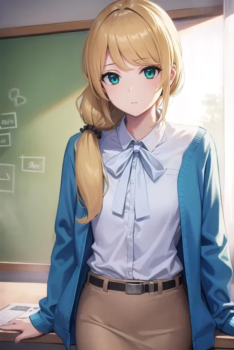 ellenbaker, <lyco:ellenbaker-lyco-nochekaiser:1>,
ellen baker, blonde hair, (green eyes:1.5), long hair, ponytail, scrunchie,
BREAK shirt, white shirt, collared shirt, cardigan, blue cardigan, belt, skirt, brown skirt, pencil skirt,
BREAK indoors, classroom,
BREAK looking at viewer, (cowboy shot:1.5),
BREAK <lyco:GoodHands-beta2:1>, (masterpiece:1.2), best quality, high resolution, unity 8k wallpaper, (illustration:0.8), (beautiful detailed eyes:1.6), extremely detailed face, perfect lighting, extremely detailed CG, (perfect hands, perfect anatomy),