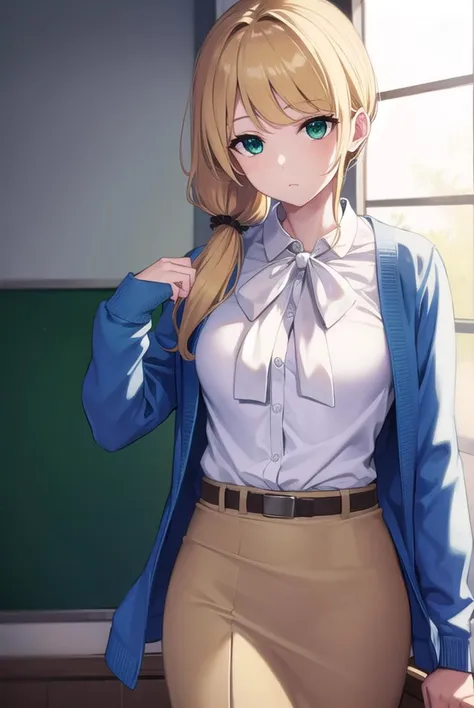 ellenbaker, <lyco:ellenbaker-lyco-nochekaiser:1>,
ellen baker, blonde hair, (green eyes:1.5), long hair, ponytail, scrunchie,
BREAK shirt, white shirt, collared shirt, cardigan, blue cardigan, belt, skirt, brown skirt, pencil skirt,
BREAK indoors, classroom,
BREAK looking at viewer, (cowboy shot:1.5),
BREAK <lyco:GoodHands-beta2:1>, (masterpiece:1.2), best quality, high resolution, unity 8k wallpaper, (illustration:0.8), (beautiful detailed eyes:1.6), extremely detailed face, perfect lighting, extremely detailed CG, (perfect hands, perfect anatomy),