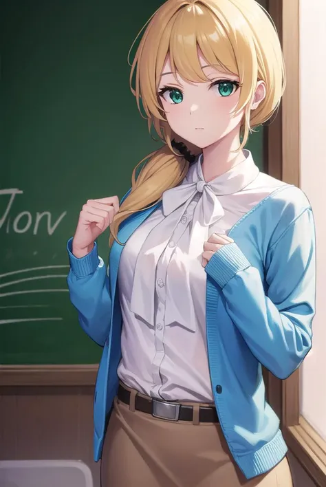 ellenbaker, <lyco:ellenbaker-lyco-nochekaiser:1>,
ellen baker, blonde hair, (green eyes:1.5), long hair, ponytail, scrunchie,
BREAK shirt, white shirt, collared shirt, cardigan, blue cardigan, belt, skirt, brown skirt, pencil skirt,
BREAK indoors, classroom,
BREAK looking at viewer, (cowboy shot:1.5),
BREAK <lyco:GoodHands-beta2:1>, (masterpiece:1.2), best quality, high resolution, unity 8k wallpaper, (illustration:0.8), (beautiful detailed eyes:1.6), extremely detailed face, perfect lighting, extremely detailed CG, (perfect hands, perfect anatomy),