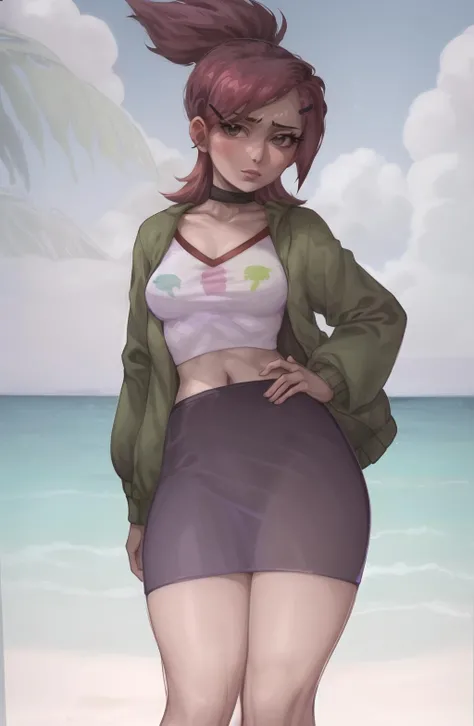 SashaKhmel, frankiefoster, 1girl, solo, breasts, skirt, medium breasts, shirt, hair ornament, jacket, white shirt, ponytail, choker, hairclip, midriff, crop top, black choker, purple skirt, green jacket, cropped shirt, beach, standing, ocean, reflection, hands on hips, <lora:SashaKHMEL Style:0.8>, <lora:frankiefoster:1>