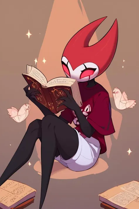 score_9, score_8_up, score_7_up, score_6_up, zPDXL2, grimm \(hollow knight\), vampire, bat, <lora:Grimm_epoch_8:0.9>, 
1boy, cute face, detailed eyes, sitting on a chair, red t-shirt, white shorts, reading a book