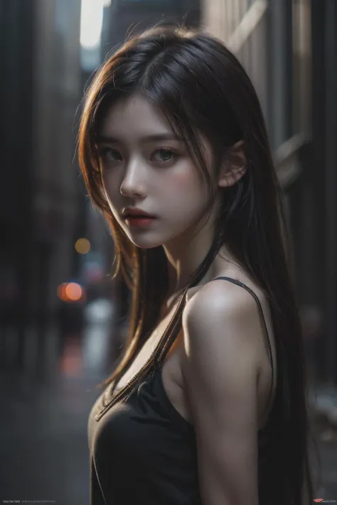 1girl, (looking at viewer:1.2), detail face,  (a girl standing, rending on cgsociety, black shadows, streaming, new york backdrop), romanticism, atmospheric, (RAW photo, best quality), (realistic, photo-realistic:1.3), masterpiece, an extremely delicate and beautiful, extremely detailed,