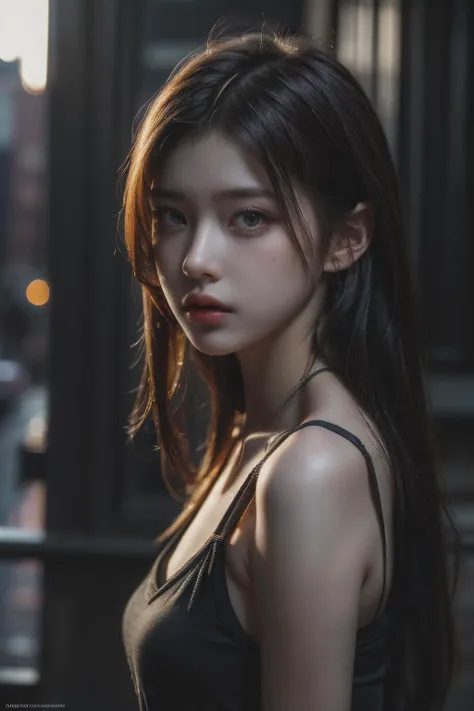 1girl, (looking at viewer:1.2), detail face, (a girl standing, rending on cgsociety, black shadows, streaming, new york backdrop), romanticism, atmospheric, (RAW photo, best quality), (realistic, photo-realistic:1.3), masterpiece, an extremely delicate and beautiful, extremely detailed,