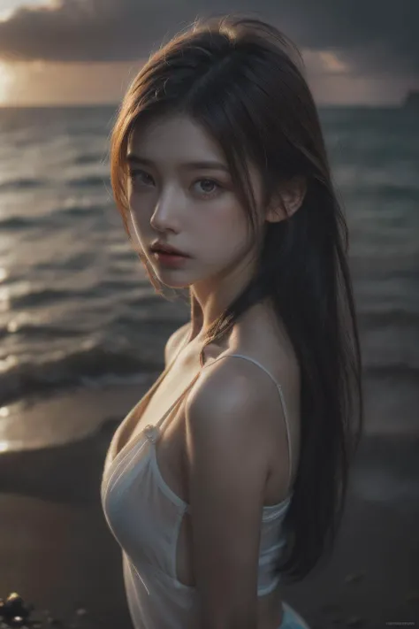 1girl, (looking at viewer:1.2), detail face, (a girl standing, rending on cgsociety, black shadows, streaming, seaside), romanticism, atmospheric, (RAW photo, best quality), (realistic, photo-realistic:1.3), masterpiece, an extremely delicate and beautiful, extremely detailed,