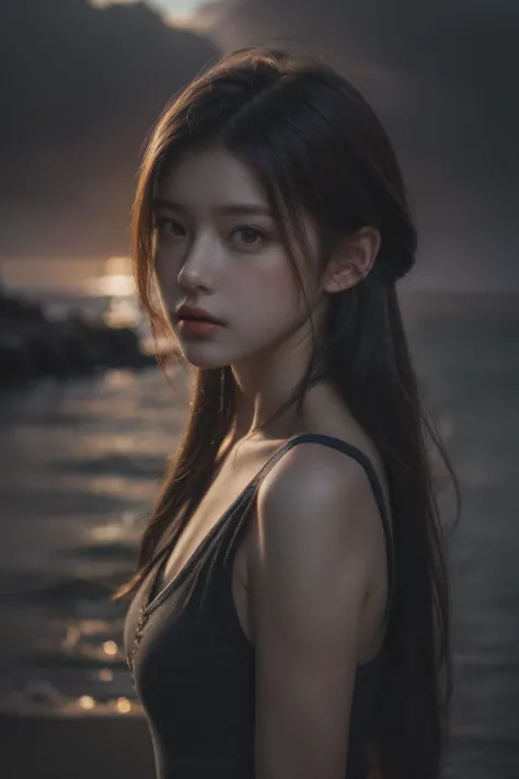 1girl, (looking at viewer:1.2), detail face, (a girl standing, rending on cgsociety, black shadows, streaming, seaside), romanticism, atmospheric, (RAW photo, best quality), (realistic, photo-realistic:1.3), masterpiece, an extremely delicate and beautiful, extremely detailed,