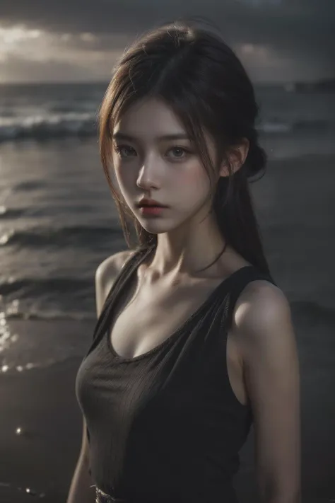 1girl, (looking at viewer:1.2), detail face, (a girl standing, rending on cgsociety, black shadows, streaming, seaside), romanticism, atmospheric, (RAW photo, best quality), (realistic, photo-realistic:1.3), masterpiece, an extremely delicate and beautiful, extremely detailed,