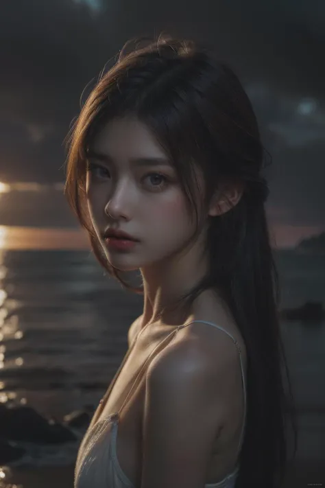 1girl, (looking at viewer:1.2), detail face, (a girl standing, rending on cgsociety, black shadows, streaming, seaside), romanticism, atmospheric, (RAW photo, best quality), (realistic, photo-realistic:1.3), masterpiece, an extremely delicate and beautiful, extremely detailed,