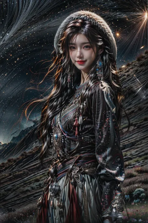 <(best quality, extremery best quality, masterpiece:1.4), (realistic, intricate details:1.4), (photorealistic:1.4), (extremely intricate:1.4), highres, ultra highres, ultra detailed, ultra-detailed, absurdres, incredibly absurdres, extremely detailed, high quality, high resolution, hyperrealistic, ultra-realistic, hyper-detailed, top quality, best, fine detail, massive detail, Highly detailed, extreme detailed, highest detailed, high-res, absolutely resolution, reflection, (refraction:1.4), (hyperrealism:1.4)>, BREAK, (1girl:1.3), solo, looking at viewer, (young cute beautiful 18-year-old girl:1.4), 3d face, (hand of Guido Daniele:1.4), beautiful girl, Beautiful face, pretty, girlface, kpop idol,  supermodel, stunning innocent symmetry face, perfect body, medium breast, slim waist, slim legs, (high detailed skin:1.5), glowing eyes, goddess, natural skin texture, shiny skin, White skin, Beautiful detailed face, detailed face, real skin texture, cute delicate face, finely detailed face, golden ratio, golden ratio face, expressive eyes, perfect face, perfect skin, flawless face, clear face, shiny hair, pale skin, Proper body proportion, perfect anatomy, realistic skin texture, luscious lips, glossy lips, natural makeup, beautiful bright pupils, slender figure, intricate eyes, detailed pupils, detailed face and eyes, longeyelashes, blush, good hand, perfect hands, pretty face, beautiful female bodies, finely detailed skin, oily shiny skin, clean facial features, an extremely delicate and beautiful, cute & girly, beautiful detailed eyes, stars in the eyes, detailed simmetric eyes, perfect smooth skin texture, BREAK, (((((brilliant colors, (Tibetan, fur hat, front view, dancing, Prairie, sunset, mountain, Yak, sheep, ride a pink horse, river, pink horses on the river, Wolf:1.4), (Tibetan girl, bonfire, surrounded by vast grasslands, Tibetan tent, traditional clothes, braids, peaceful atmosphere, mountainous backdrop, camping trip, authentic cultural experience, night sky full of stars, crackling fire sounds, quiet whispers, hushed conversations, Tibetan tea, warm blankets, tranquil silence, crisp air,   soulful melodies,  traditional musical instruments, a sense of belonging, bonding with nature, quiet reflection:1.4), (smile, blush, Pink hair, Pink eye, long hair, Pink eyelashes, Pink lips, Pink lip colour, Eyes glowing Pink, flat bangs, happy expression, warm smile, cute smile, smiling:1.4), (long_hair, mountain background, forest, river in background, landscape, water reflection, outdoors:1.3), (night, Night time,  moon light,  Golden Hour, sky, landscape, stars, starry, galaxy sky, milky way:1.3), (mountains,    full moon background,  moutains, breeze,  dust is drifting, ethereal, scenery, nature, mysterious background, fog, wind:1.2),  (iridescent colors, Iridescence, mysterious, fantasy background, fantasy, open mouth:1.2), (Luminescent Particles:1.3), (fullbody:1.2), (eye focus,  face focus, character focus, close-up face:1.2), (dutch angle,  cowboy shot:1.3), colorful refraction)))), BREAK, <cinematic portrait, analog film photography, film emulation, bokeh, blurry noise background, watercolor, available light, detailed light,  volumetric fog,  beautiful lighting,  Rembrandt lighting,  Cinematic, pixel art,  game art,  key visual,  surreal,   PBR Texturing,   Anisotropic Filtering, Maximum Clarity And Sharpness, Albedo And Specular Maps, Multi-Layered Textures, Surface Shading, Sub-Pixel Convolution,  Sub-Pixel Convolution,  Accurate Simulation Of Light-Material Interaction, blurry foreground, broad light, volumetric light effect, matte painting, perfectly defined features, volumetric lighting, Tone Mapping, Lumen Reflections, Global illumination, Ray Tracing, Screen Space Global Illumination, Accent Lighting, 32k, Natural Lighting, volumetric, cinematic masterpiece, Rule of thirds, high dynamic range, Multi-exposure HDR capture, cinematic render, game cg cinematic, atmospheric perspective, movie scene, epic dynamic frame, motion blur, ((cinematic look, Film look)), rim light, 4k textures, adobe lightroom, photolab, insane details, hyperdetailed, exposure blend, professional color grading, professional color correction, aerial perspective, particles and dust in beams of light, cinematic scene, dynamic lighting, sharp details, lomography, soft focus, light leaks, bold hues, atmospheric depth, (explosive light and shadow:1.2), aesthetics, intricate designs, ultra realistic digital art, (zentangle, mandala, tangle, entangle), (fractal art), elegant, vivid colours, floating particles, particles, dramatic, epic, (ink drawing, oil painting detailed), (dramatic lighting:1.2), RAW, huge filesize, extremery detailed CG, Photo, 8k uhd, cinematic atmosphere, trending on artstation, award-winning glamour photograph, highly detailed photo, official art, beautiful and aesthetic, unity 8k wallpaper, beautiful, highly detailed CG illustration, best illustration, intricate, Amazing, emotional, analog, painting, digital painting, concept art, Oil Painting, illustration, Classical art, Renaissance, Romanticism, Neoclassicism, Color Palette, depth and contrast, Vibrant colors, saturated, rich saturation, color harmony, vivid palette, concept-art, design style, detail character, concept render, colorful, analog photography, dreamy atmosphere, specular highlights, atmospheric lighting, (dynamic angle, dynamic pose :1.3), (shiny, clothes reflecting light, lens flare, bloom effect, light particle, lens glare:1.3), realistic lighting, cinematic light, (cinematic lighting), light in the face, soft lighting, saturated colors, detailed background, sharp focus, 8k high definition, perspective, Master Composition, roughness, post-processing, soft shadows, realistic shadows, ambient occlusion, ray-tracing, subsurface scattering, photon mapping, physically-based rendering, octane rendering, unreal engine 5, ue5 rendering, Adobe After FX, dslr, RTX, Best character details, radiosity, sharp, antialiased, RAW photo, HDR, 8k, 4k, (((Photographed by Roger Deakins, using a RED Monstro 8K VV camera and a series of high-end lenses))), ((Hasselblad photography)), (film grain:1.4), Kodak portra 400, ((Fujifilm X-T5)), professional photograph, depth of field, caustics, Broad lighting, diffuse lighting, rim lighting, two tone lighting, textile details, visible pores, high resolution scan, professionally color graded, photographic reality, automatic white balance, best lighting, detailed shadow, high contrast, strong light and shadow>, (PureErosFace_V1:0.7), (ulzzang-6500:0.7), <lora:epiNoiseoffset_v3:2>, <lora:add_detail:0.7>, <lora:hipoly_3dcg_v7-epoch-000012:0.7>, (kbxll:0.7), <lora:more_details:0.7>,  <lora:Tibetan_v1:0.9>