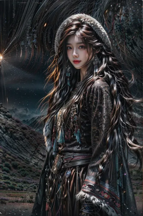 <(best quality, extremery best quality, masterpiece:1.4), (realistic, intricate details:1.4), (photorealistic:1.4), (extremely intricate:1.4), highres, ultra highres, ultra detailed, ultra-detailed, absurdres, incredibly absurdres, extremely detailed, high quality, high resolution, hyperrealistic, ultra-realistic, hyper-detailed, top quality, best, fine detail, massive detail, Highly detailed, extreme detailed, highest detailed, high-res, absolutely resolution, reflection, (refraction:1.4), (hyperrealism:1.4)>, BREAK, (1girl:1.3), solo, looking at viewer, (young cute beautiful 18-year-old girl:1.4), 3d face, (hand of Guido Daniele:1.4), beautiful girl, Beautiful face, pretty, girlface, kpop idol, supermodel, stunning innocent symmetry face, perfect body, medium breast, slim waist, slim legs, (high detailed skin:1.5), glowing eyes, goddess, natural skin texture, shiny skin, White skin, Beautiful detailed face, detailed face, real skin texture, cute delicate face, finely detailed face, golden ratio, golden ratio face, expressive eyes, perfect face, perfect skin, flawless face, clear face, shiny hair, pale skin, Proper body proportion, perfect anatomy, realistic skin texture, luscious lips, glossy lips, natural makeup, beautiful bright pupils, slender figure, intricate eyes, detailed pupils, detailed face and eyes, longeyelashes, blush, good hand, perfect hands, pretty face, beautiful female bodies, finely detailed skin, oily shiny skin, clean facial features, an extremely delicate and beautiful, cute & girly, beautiful detailed eyes, stars in the eyes, detailed simmetric eyes, perfect smooth skin texture, BREAK, (((((brilliant colors, (Tibetan, fur hat, front view, dancing, Prairie, sunset, mountain, Yak, sheep, ride a pink horse, river, pink horses on the river, Wolf:1.4), (Tibetan girl, bonfire, surrounded by vast grasslands, Tibetan tent, traditional clothes, braids, peaceful atmosphere, mountainous backdrop, camping trip, authentic cultural experience, night sky full of stars, crackling fire sounds, quiet whispers, hushed conversations, Tibetan tea, warm blankets, tranquil silence, crisp air, soulful melodies, traditional musical instruments, a sense of belonging, bonding with nature, quiet reflection:1.4), (smile, blush, Pink hair, Pink eye, long hair, Pink eyelashes, Pink lips, Pink lip colour, Eyes glowing Pink, flat bangs, happy expression, warm smile, cute smile, smiling:1.4), (long_hair, mountain background, forest, river in background, landscape, water reflection, outdoors:1.3), (night, Night time, moon light, Golden Hour, sky, landscape, stars, starry, galaxy sky, milky way:1.3), (mountains, full moon background, moutains, breeze, dust is drifting, ethereal, scenery, nature, mysterious background, fog, wind:1.2), (iridescent colors, Iridescence, mysterious, fantasy background, fantasy, open mouth:1.2), (Luminescent Particles:1.3), (fullbody:1.2), (eye focus, face focus, character focus, close-up face:1.2), (dutch angle, cowboy shot:1.3), colorful refraction)))), BREAK, <cinematic portrait, analog film photography, film emulation, bokeh, blurry noise background, watercolor, available light, detailed light, volumetric fog, beautiful lighting, Rembrandt lighting, Cinematic, pixel art, game art, key visual, surreal, PBR Texturing, Anisotropic Filtering, Maximum Clarity And Sharpness, Albedo And Specular Maps, Multi-Layered Textures, Surface Shading, Sub-Pixel Convolution, Sub-Pixel Convolution, Accurate Simulation Of Light-Material Interaction, blurry foreground, broad light, volumetric light effect, matte painting, perfectly defined features, volumetric lighting, Tone Mapping, Lumen Reflections, Global illumination, Ray Tracing, Screen Space Global Illumination, Accent Lighting, 32k, Natural Lighting, volumetric, cinematic masterpiece, Rule of thirds, high dynamic range, Multi-exposure HDR capture, cinematic render, game cg cinematic, atmospheric perspective, movie scene, epic dynamic frame, motion blur, ((cinematic look, Film look)), rim light, 4k textures, adobe lightroom, photolab, insane details, hyperdetailed, exposure blend, professional color grading, professional color correction, aerial perspective, particles and dust in beams of light, cinematic scene, dynamic lighting, sharp details, lomography, soft focus, light leaks, bold hues, atmospheric depth, (explosive light and shadow:1.2), aesthetics, intricate designs, ultra realistic digital art, (zentangle, mandala, tangle, entangle), (fractal art), elegant, vivid colours, floating particles, particles, dramatic, epic, (ink drawing, oil painting detailed), (dramatic lighting:1.2), RAW, huge filesize, extremery detailed CG, Photo, 8k uhd, cinematic atmosphere, trending on artstation, award-winning glamour photograph, highly detailed photo, official art, beautiful and aesthetic, unity 8k wallpaper, beautiful, highly detailed CG illustration, best illustration, intricate, Amazing, emotional, analog, painting, digital painting, concept art, Oil Painting, illustration, Classical art, Renaissance, Romanticism, Neoclassicism, Color Palette, depth and contrast, Vibrant colors, saturated, rich saturation, color harmony, vivid palette, concept-art, design style, detail character, concept render, colorful, analog photography, dreamy atmosphere, specular highlights, atmospheric lighting, (dynamic angle, dynamic pose :1.3), (shiny, clothes reflecting light, lens flare, bloom effect, light particle, lens glare:1.3), realistic lighting, cinematic light, (cinematic lighting), light in the face, soft lighting, saturated colors, detailed background, sharp focus, 8k high definition, perspective, Master Composition, roughness, post-processing, soft shadows, realistic shadows, ambient occlusion, ray-tracing, subsurface scattering, photon mapping, physically-based rendering, octane rendering, unreal engine 5, ue5 rendering, Adobe After FX, dslr, RTX, Best character details, radiosity, sharp, antialiased, RAW photo, HDR, 8k, 4k, (((Photographed by Roger Deakins, using a RED Monstro 8K VV camera and a series of high-end lenses))), ((Hasselblad photography)), (film grain:1.4), Kodak portra 400, ((Fujifilm X-T5)), professional photograph, depth of field, caustics, Broad lighting, diffuse lighting, rim lighting, two tone lighting, textile details, visible pores, high resolution scan, professionally color graded, photographic reality, automatic white balance, best lighting, detailed shadow, high contrast, strong light and shadow>, (PureErosFace_V1:0.7), (ulzzang-6500:0.7), <lora:epiNoiseoffset_v3:2>, <lora:add_detail:0.7>, <lora:hipoly_3dcg_v7-epoch-000012:0.7>, (kbxll:0.7), <lora:more_details:0.7>, <lora:Tibetan_v1:0.9>