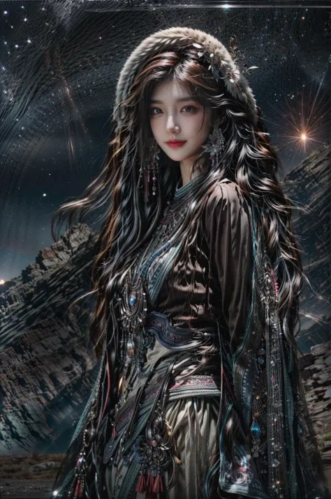 <(best quality, extremery best quality, masterpiece:1.4), (realistic, intricate details:1.4), (photorealistic:1.4), (extremely intricate:1.4), highres, ultra highres, ultra detailed, ultra-detailed, absurdres, incredibly absurdres, extremely detailed, high quality, high resolution, hyperrealistic, ultra-realistic, hyper-detailed, top quality, best, fine detail, massive detail, Highly detailed, extreme detailed, highest detailed, high-res, absolutely resolution, reflection, (refraction:1.4), (hyperrealism:1.4)>, BREAK, (1girl:1.3), solo, looking at viewer, (young cute beautiful 18-year-old girl:1.4), 3d face, (hand of Guido Daniele:1.4), beautiful girl, Beautiful face, pretty, girlface, kpop idol, supermodel, stunning innocent symmetry face, perfect body, medium breast, slim waist, slim legs, (high detailed skin:1.5), glowing eyes, goddess, natural skin texture, shiny skin, White skin, Beautiful detailed face, detailed face, real skin texture, cute delicate face, finely detailed face, golden ratio, golden ratio face, expressive eyes, perfect face, perfect skin, flawless face, clear face, shiny hair, pale skin, Proper body proportion, perfect anatomy, realistic skin texture, luscious lips, glossy lips, natural makeup, beautiful bright pupils, slender figure, intricate eyes, detailed pupils, detailed face and eyes, longeyelashes, blush, good hand, perfect hands, pretty face, beautiful female bodies, finely detailed skin, oily shiny skin, clean facial features, an extremely delicate and beautiful, cute & girly, beautiful detailed eyes, stars in the eyes, detailed simmetric eyes, perfect smooth skin texture, BREAK, (((((brilliant colors, (Tibetan, fur hat, front view, dancing, Prairie, sunset, mountain, Yak, sheep, ride a pink horse, river, pink horses on the river, Wolf:1.4), (Tibetan girl, bonfire, surrounded by vast grasslands, Tibetan tent, traditional clothes, braids, peaceful atmosphere, mountainous backdrop, camping trip, authentic cultural experience, night sky full of stars, crackling fire sounds, quiet whispers, hushed conversations, Tibetan tea, warm blankets, tranquil silence, crisp air, soulful melodies, traditional musical instruments, a sense of belonging, bonding with nature, quiet reflection:1.4), (smile, blush, Pink hair, Pink eye, long hair, Pink eyelashes, Pink lips, Pink lip colour, Eyes glowing Pink, flat bangs, happy expression, warm smile, cute smile, smiling:1.4), (long_hair, mountain background, forest, river in background, landscape, water reflection, outdoors:1.3), (night, Night time, moon light, Golden Hour, sky, landscape, stars, starry, galaxy sky, milky way:1.3), (mountains, full moon background, moutains, breeze, dust is drifting, ethereal, scenery, nature, mysterious background, fog, wind:1.2), (iridescent colors, Iridescence, mysterious, fantasy background, fantasy, open mouth:1.2), (Luminescent Particles:1.3), (fullbody:1.2), (eye focus, face focus, character focus, close-up face:1.2), (dutch angle, cowboy shot:1.3), colorful refraction)))), BREAK, <cinematic portrait, analog film photography, film emulation, bokeh, blurry noise background, watercolor, available light, detailed light, volumetric fog, beautiful lighting, Rembrandt lighting, Cinematic, pixel art, game art, key visual, surreal, PBR Texturing, Anisotropic Filtering, Maximum Clarity And Sharpness, Albedo And Specular Maps, Multi-Layered Textures, Surface Shading, Sub-Pixel Convolution, Sub-Pixel Convolution, Accurate Simulation Of Light-Material Interaction, blurry foreground, broad light, volumetric light effect, matte painting, perfectly defined features, volumetric lighting, Tone Mapping, Lumen Reflections, Global illumination, Ray Tracing, Screen Space Global Illumination, Accent Lighting, 32k, Natural Lighting, volumetric, cinematic masterpiece, Rule of thirds, high dynamic range, Multi-exposure HDR capture, cinematic render, game cg cinematic, atmospheric perspective, movie scene, epic dynamic frame, motion blur, ((cinematic look, Film look)), rim light, 4k textures, adobe lightroom, photolab, insane details, hyperdetailed, exposure blend, professional color grading, professional color correction, aerial perspective, particles and dust in beams of light, cinematic scene, dynamic lighting, sharp details, lomography, soft focus, light leaks, bold hues, atmospheric depth, (explosive light and shadow:1.2), aesthetics, intricate designs, ultra realistic digital art, (zentangle, mandala, tangle, entangle), (fractal art), elegant, vivid colours, floating particles, particles, dramatic, epic, (ink drawing, oil painting detailed), (dramatic lighting:1.2), RAW, huge filesize, extremery detailed CG, Photo, 8k uhd, cinematic atmosphere, trending on artstation, award-winning glamour photograph, highly detailed photo, official art, beautiful and aesthetic, unity 8k wallpaper, beautiful, highly detailed CG illustration, best illustration, intricate, Amazing, emotional, analog, painting, digital painting, concept art, Oil Painting, illustration, Classical art, Renaissance, Romanticism, Neoclassicism, Color Palette, depth and contrast, Vibrant colors, saturated, rich saturation, color harmony, vivid palette, concept-art, design style, detail character, concept render, colorful, analog photography, dreamy atmosphere, specular highlights, atmospheric lighting, (dynamic angle, dynamic pose :1.3), (shiny, clothes reflecting light, lens flare, bloom effect, light particle, lens glare:1.3), realistic lighting, cinematic light, (cinematic lighting), light in the face, soft lighting, saturated colors, detailed background, sharp focus, 8k high definition, perspective, Master Composition, roughness, post-processing, soft shadows, realistic shadows, ambient occlusion, ray-tracing, subsurface scattering, photon mapping, physically-based rendering, octane rendering, unreal engine 5, ue5 rendering, Adobe After FX, dslr, RTX, Best character details, radiosity, sharp, antialiased, RAW photo, HDR, 8k, 4k, (((Photographed by Roger Deakins, using a RED Monstro 8K VV camera and a series of high-end lenses))), ((Hasselblad photography)), (film grain:1.4), Kodak portra 400, ((Fujifilm X-T5)), professional photograph, depth of field, caustics, Broad lighting, diffuse lighting, rim lighting, two tone lighting, textile details, visible pores, high resolution scan, professionally color graded, photographic reality, automatic white balance, best lighting, detailed shadow, high contrast, strong light and shadow>, (PureErosFace_V1:0.7), (ulzzang-6500:0.7), <lora:epiNoiseoffset_v3:2>, <lora:add_detail:0.7>, <lora:hipoly_3dcg_v7-epoch-000012:0.7>, (kbxll:0.7), <lora:more_details:0.7>, <lora:Tibetan_v1:0.9>