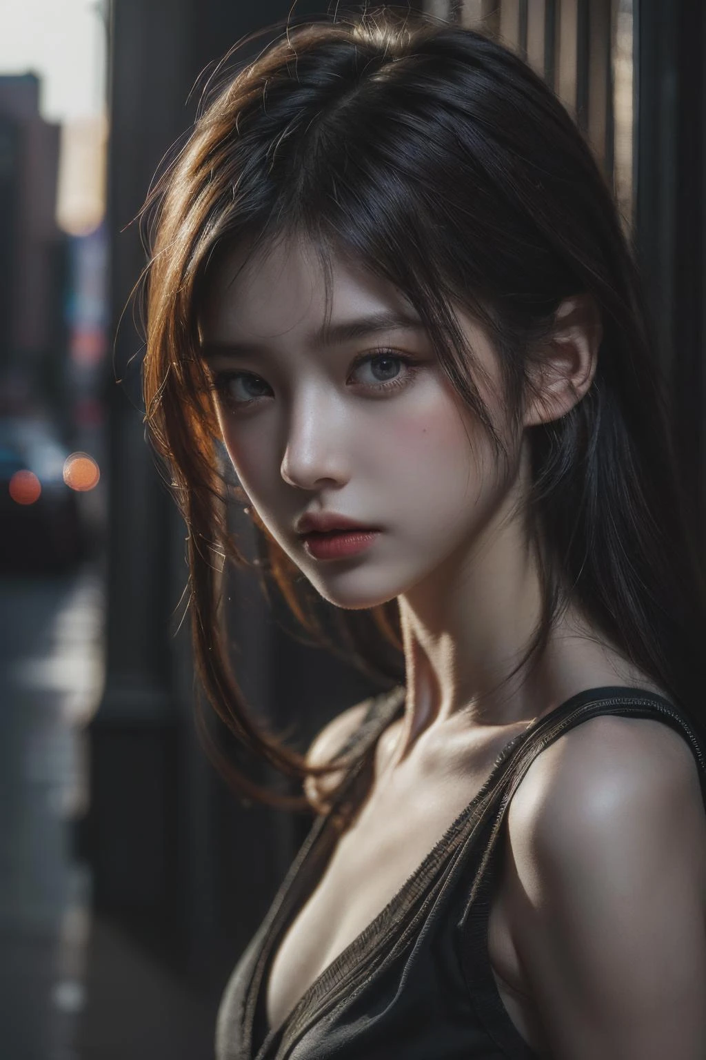 1girl, (looking at viewer:1.2), detail face, (a girl standing, rending on cgsociety, black shadows, streaming, new york backdrop), romanticism, atmospheric, (RAW photo, best quality), (realistic, photo-realistic:1.3), masterpiece, an extremely delicate and beautiful, extremely detailed,
