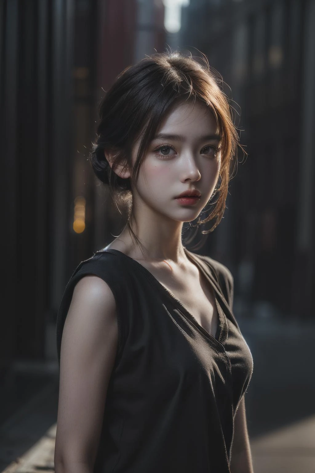 1girl, (looking at viewer:1.2), detail face, (a girl standing, rending on cgsociety, black shadows, streaming, new york backdrop), romanticism, atmospheric, (RAW photo, best quality), (realistic, photo-realistic:1.3), masterpiece, an extremely delicate and beautiful, extremely detailed,