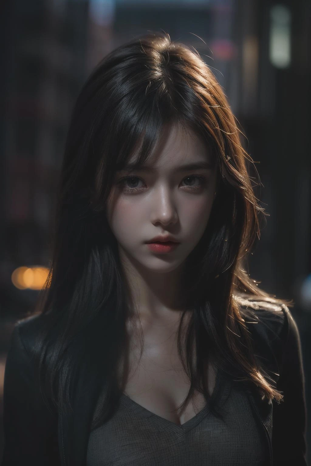 1girl, (looking at viewer:1.2), detail face, (a girl standing, rending on cgsociety, black shadows, streaming, new york backdrop), romanticism, atmospheric, (RAW photo, best quality), (realistic, photo-realistic:1.3), masterpiece, an extremely delicate and beautiful, extremely detailed,