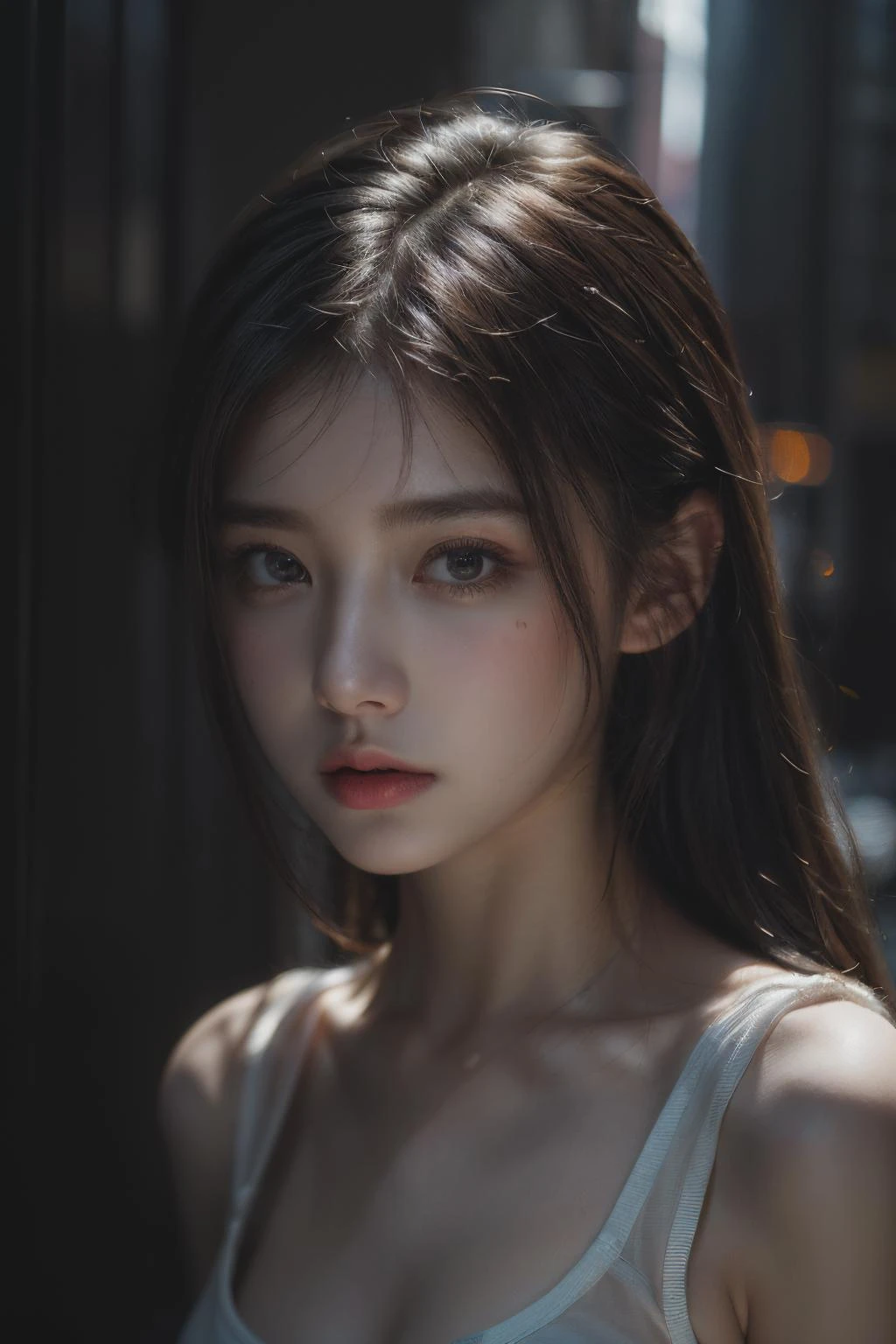 1girl, (looking at viewer:1.2), detail face, (a girl standing, rending on cgsociety, black shadows, streaming, new york backdrop), romanticism, atmospheric, (RAW photo, best quality), (realistic, photo-realistic:1.3), masterpiece, an extremely delicate and beautiful, extremely detailed,