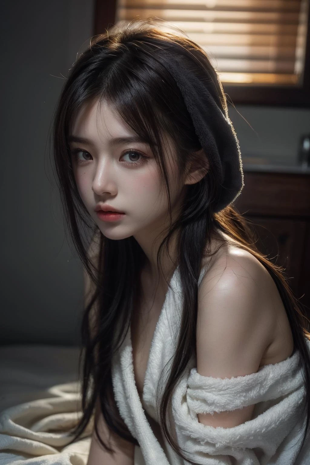 1girl, (looking at viewer:1.2), detailed face, a girl on bed, crawling_pov, (towel:1.2), (a girl with soaked strands of hair, bundled up in a towel, rending on cgsociety, black shadows, streaming, small breasts), romanticism, atmospheric, (RAW photo, best quality), (realistic, photo-realistic:1.3), masterpiece, an extremely delicate and beautiful, extremely detailed, <lora:crawling_pov_v2:0.3:POSE>