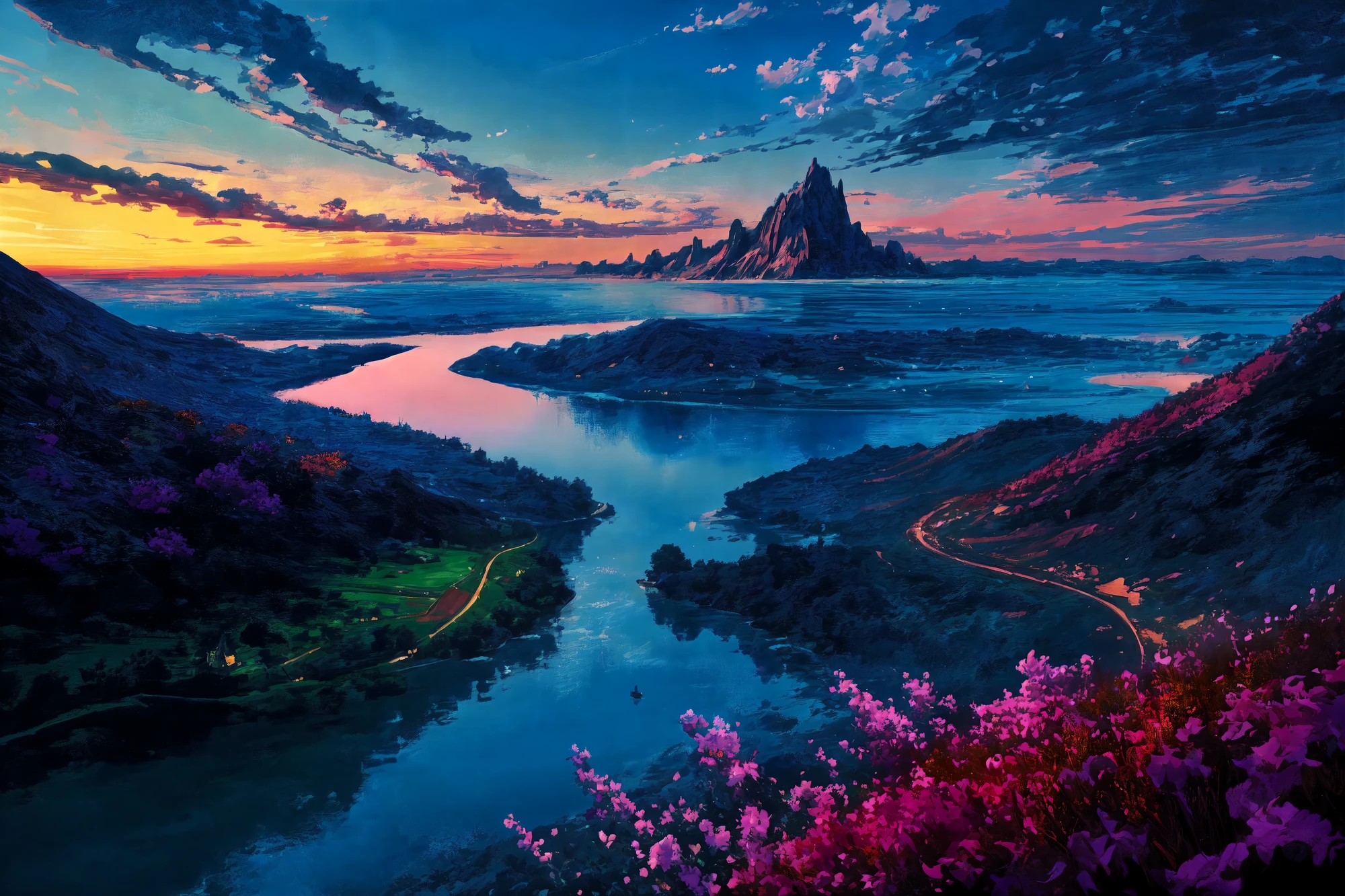masterpiece, best quality, ultra high res, beautiful, visually stunning, elegant, incredible details,  award-winning art, <lora:aofks - AnatoFinnstark:0.65>, aofks, <lora:epiNoiseoffset_v2:1>  , <lora:add_detail:0.4> ,   landscape, scenery, fantasy theme, [red theme:blue theme:0.5]
