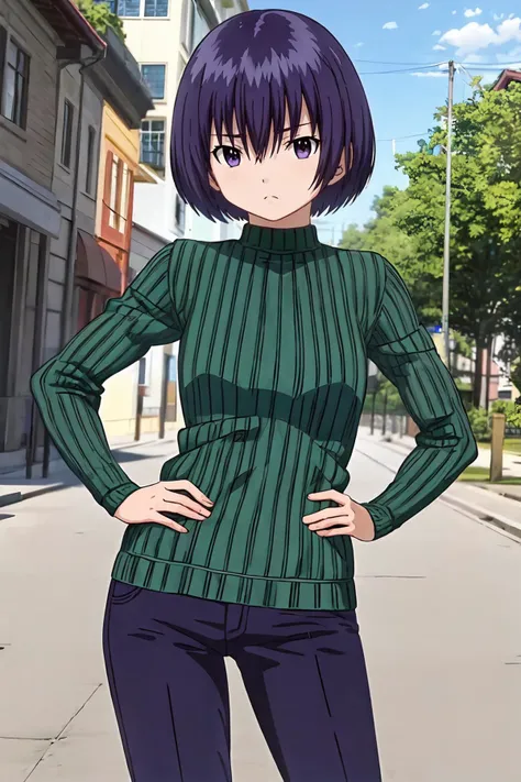 (masterpiece, best quality:1.2), highres, anime screencap, anime coloring, 1girl, solo, frown,
Yui_Minamito, purple hair, short hair, bob cut, bangs, hair between eyes, purple eyes,
green shirt, sweater, ribbed sweater, turtleneck, long sleeves,
standing and spread legs, hand on hip, pants,
outdoors, autumn, autumn leaves, looking at viewer,
<lora:add_detail_CyberAlchemist:0.4>, <lora:GoodHands-beta2:0.8>, <lora:YuiMinamito-000010:1>