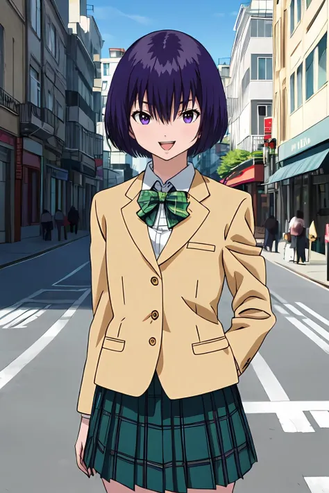 (masterpiece, best quality:1.2), highres, anime screencap, anime coloring, 1girl, solo, smirk, open mouth,
Yui_Minamito, purple hair, short hair, bob cut, bangs, hair between eyes, purple eyes,
school uniform, yellow blazer, long sleeves, white shirt, green bowtie, green skirt, pleated skirt, plaid skirt,
standing,
outdoors, street, looking at viewer,
<lora:add_detail_CyberAlchemist:0.4>, <lora:GoodHands-beta2:0.8>, <lora:YuiMinamito-000010:1>