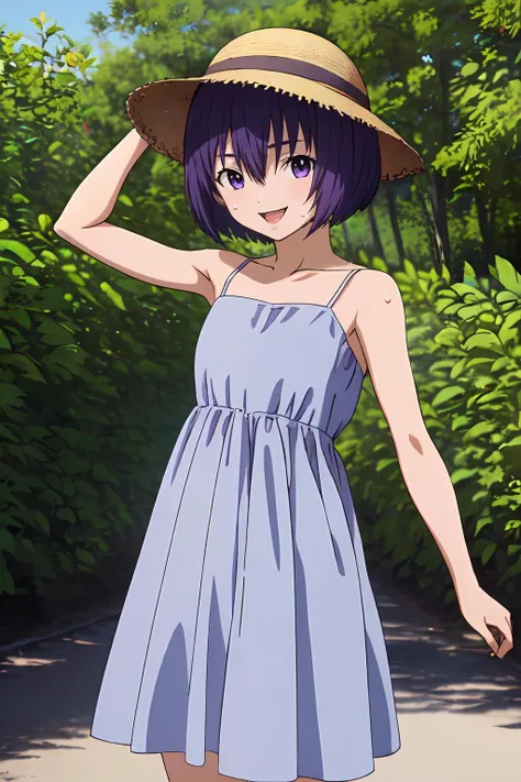 ((masterpiece)), ultra detailed background, delicate pattern, intricate detail, forest, highly detailed, best quality, 1girl,yuzuriha, japanese_clothes, ninja, 1girl, solo, breasts,cleavage, hellsparadise style, purple hair, small breasts, smile, slim, open mouth, red eyes, cowboy shot,