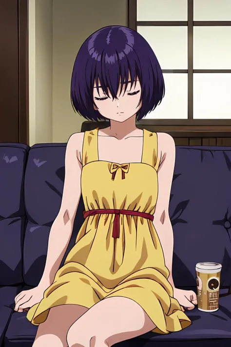 (masterpiece, best quality:1.2), highres, anime screencap, anime coloring, 1girl, solo, closed eyes, sleeping, relaxed, 
Yui_Minamito, purple hair, short hair, bob cut, bangs, hair between eyes, purple eyes, 
yellow dress, collarbone, bare shoulders, sleeveless, 
sitting on couch, head tilt, 
indoors, living room, couch, looking at viewer, 
<lora:add_detail_CyberAlchemist:0.4>, <lora:GoodHands-beta2:0.8>, <lora:YuiMinamito-000010:1>