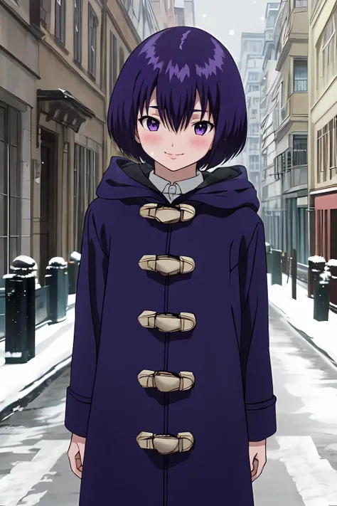 (masterpiece, best quality:1.2), highres, anime screencap, anime coloring, 1girl, solo, smile, ^ ^, blush, 
Yui_Minamito, purple hair, short hair, bob cut, bangs, hair between eyes, purple eyes, 
winter clothes, blue coat, duffel coat, hooded coat, hood down, 
standing, 
outdoors, street, winter, snowing, snow, looking at viewer, 
<lora:add_detail_CyberAlchemist:0.4>, <lora:GoodHands-beta2:0.8>, <lora:YuiMinamito-000010:1>