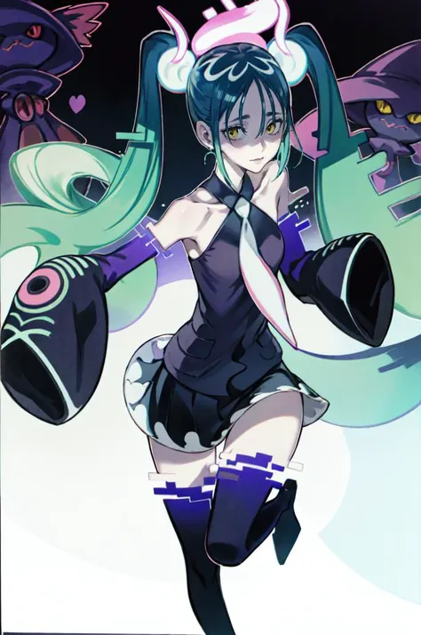 <lora:mikughost:1> gosutomiku, twintails, blue hair, yellow eyes, detached sleeves, sleeves past wrists, bare shoulders, thighhighs, necktie, skirt, glitch, will-o-wisp, creepy smile, <lora:honjou_raita_style_v01:1>, absurdres, ultra detailed, masterpiece, best quality, aesthetic, detailed,