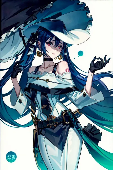 <lora:mikudark:0.85> akumiku, red eyes, twintails, blue hair, very long hair, hat, jewelry, earrings, necktie, gloves, choker, dress, bare shoulders, belt, long sleeves, bar \(place\), art deco, smile, low light,  <lora:honjou_raita_style_v01:1>, absurdres, ultra detailed, masterpiece, best quality, aesthetic, detailed,