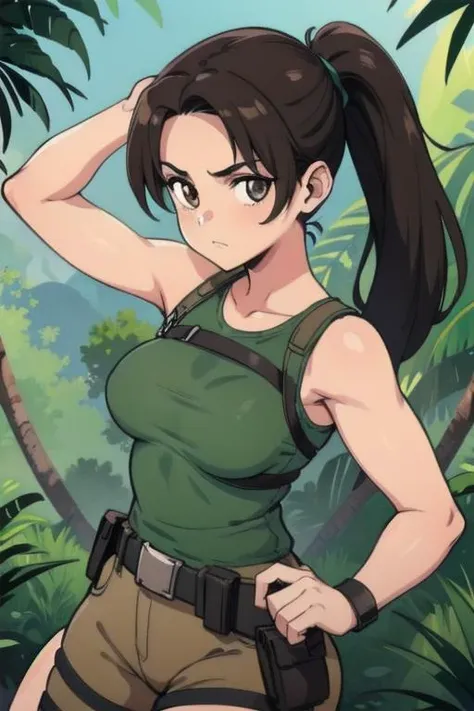 (best quality, masterpiece1.2), (detailed eye:1.2), intricate detail, depth of field, 1girl, jungle, crop top, angry, sweat, brownhair, exploration, embarrassed, backpack, tomb raider inspiration, (Lara Croft), gun strap to leg, action, dynamic, (fire), Bullets flying