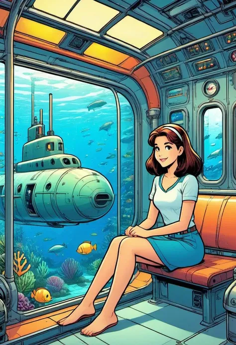 <lora:EldritchComicsXL1.2:0.9>
Comic Book, Girl, sitting beside a large window, inside a submarine, underwater scene, marine life