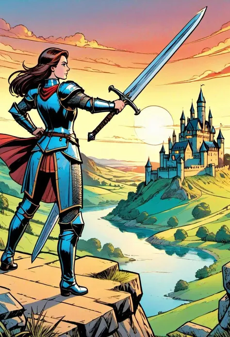 <lora:EldritchComicsXL1.2:0.9>
Comic Book. Young woman in medieval metal armor, lifting a sword toward the sky, near a faraway castle at sunset. Overlooking a valley