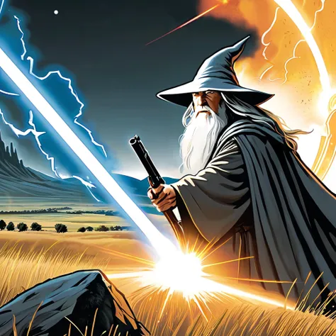 Gandalf the Grey holding Assault Rifle shooting glowing laser beams ,middle earth, plains, comicbook style, explotions, comic book,<lora:GustaveDore_StyleXLv6.1:0.4>