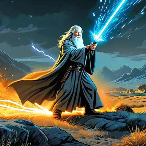 Gandalf the Grey holding Assault Rifle shooting bioluminescent and glowing laser beams ,middle earth, plains, comicbook style, explotions, comic book,<lora:GustaveDore_StyleXLv6.1:0.4>, <lora:Bio-Luminescence:0.8>