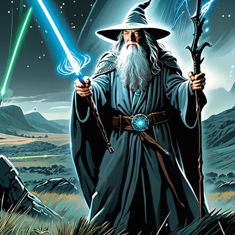 Gandalf the Grey holding bioluminescent Assault Rifle shooting glowing laser beams ,middle earth, plains, comicbook style, explotions, comic book,<lora:GustaveDore_StyleXLv6.1:0.4>, <lora:Bio-Luminescence:0.8>