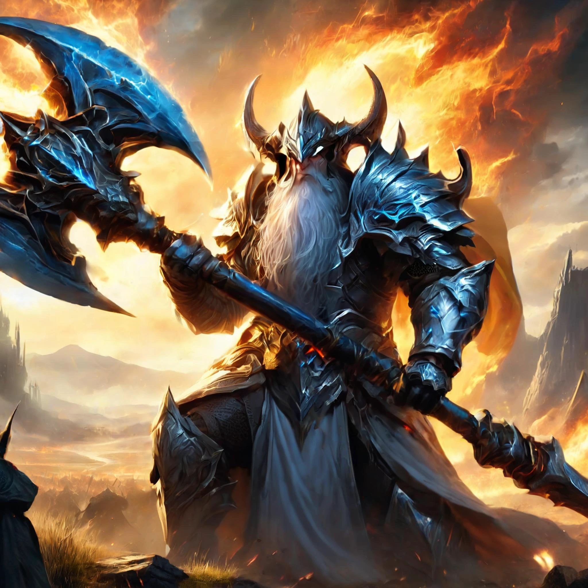 Gandalf the Grey wielding a battleaxe ,good face,nice face,middle earth, plains, comicbook style, explotions, comic book, <lora:XLAddDetail:1> <lora:BattleAxe:1>,<lora:XL_Weapon_Battleaxe_-_By_HailoKnight:1> wielding a battleaxe