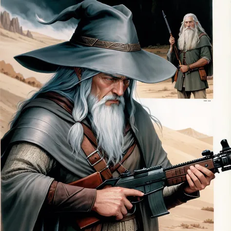 Frodo holding Assault Rifle shooting ,middle earth, plains, comicbook style, explotions, comic book,<lora:GustaveDore_StyleXLv6.1:0.4>