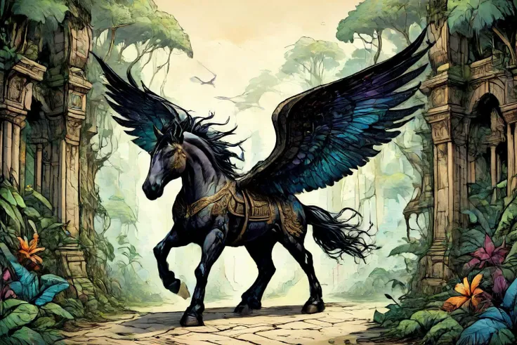 detailed black and color drawing of a Pegasus with elegant wingspan soaring in at a Interdimensional gateway in hidden jungle, <lora:EldritchComicsXL1.0:1> <lora:Dreamyvibes artstyle SDXL - Trigger with dreamyvibes artstyle:0.7> Dreamyvibes Artstyle <lora:ParchartXL-1.5:0.7> on parchment, ink illustration