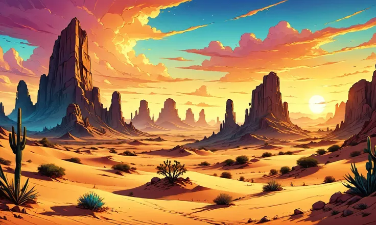 Beautiful detailed digital illustration of a Whispering winds in mystical desert <lora:EldritchComicsXL:0.7>, <lora:ColorART:0.7> ColorART , Golden hour